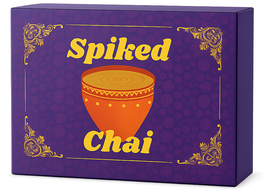 The Spiked Chai deck box: royal purple with gold filigree corners and a clay chai cup illustration